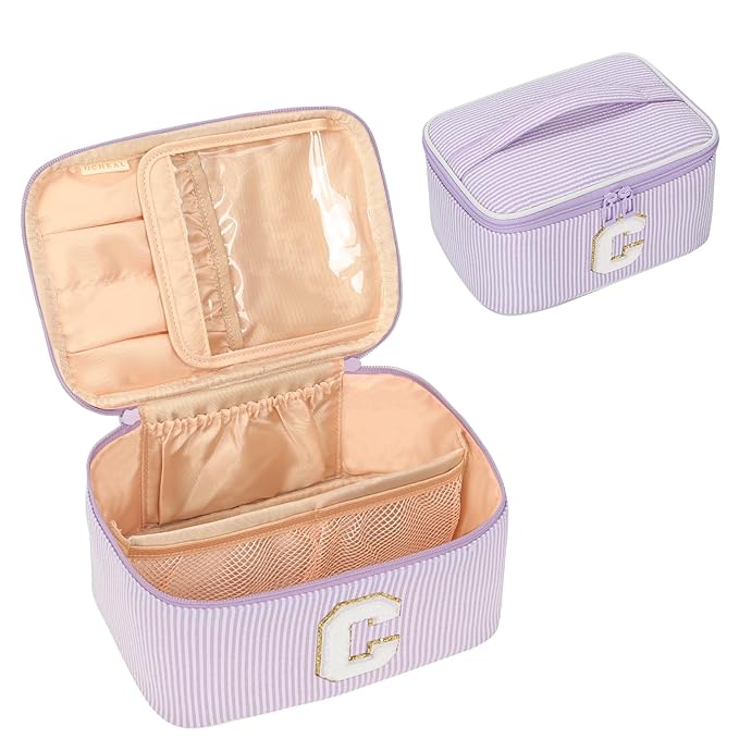 OCHEAL Makeup Bag Valentines Day Gifts for Women, Monogram Cosmetic Bag Purple Travel Makeup Case Beauty Toiletry Bag Organizer Personalized Gifts for Girls Bridesmaid, Sister, Wife, Friends Initial C