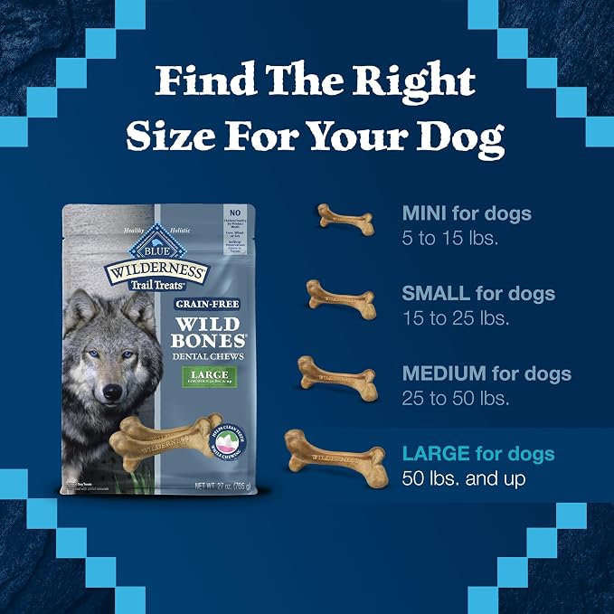 Blue Buffalo Wilderness Wild Bones Grain-Free Dental Chews Dog Treats, Large, 27-oz Bag, (Pack of 2)