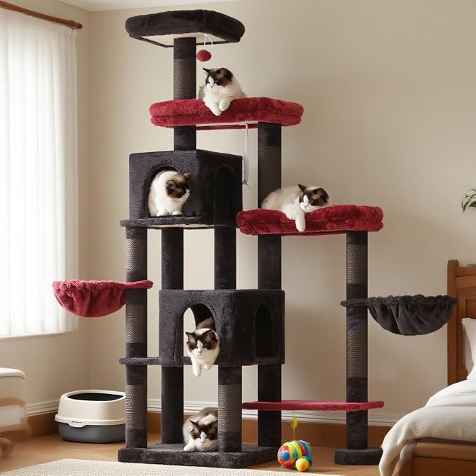 Hey-brother Cat Tree Tower with Stable Extended Base, 3 Platforms, MPJ038BR | 70.9 Inches Multi-Level Sisal Scratching Posts, Wide Bed, 2 Cozy Condos, 2 Hammocks, Toy Balls for Indoor Cats, Black and Red