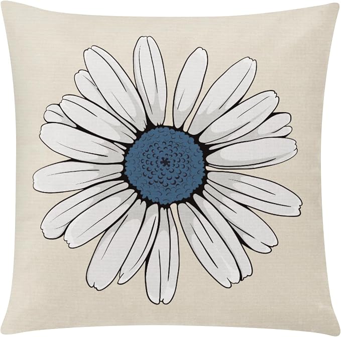 COMMINY Blue Beige Linen Pillow Covers 20x20 Set 6 Farmhouse Throw Cover | decorative floral pattern, Large Throw Pillow Size, Breathable Linen, Bedroom Accent Couch Sofa, Spring Summer Decor