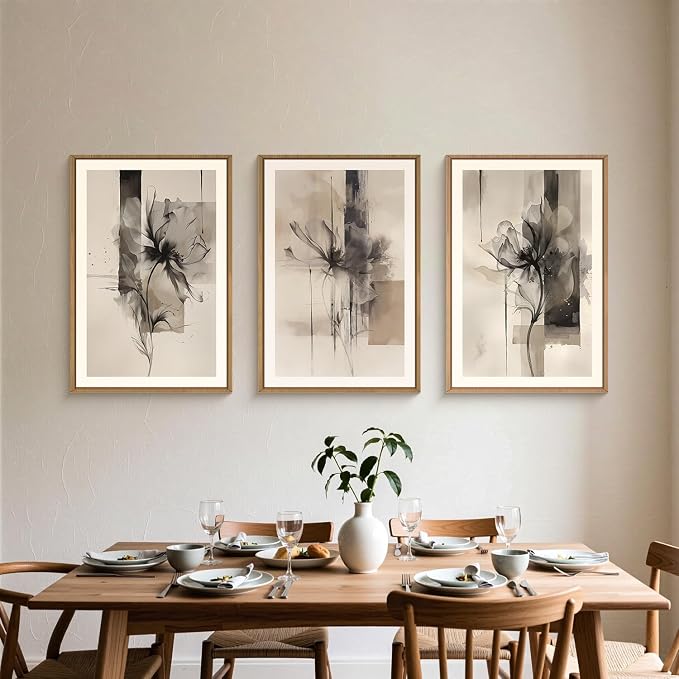 FWIEXA Large Black Beige Floral Canvas Wall Art Set 3, Neutral Abstract Florals Framed Prints, Brushstroke Geometry Line Paintings, 24x36In Watercolor Ink Artwork Poster for Farmhouse, Living Room, Bedroom, Office