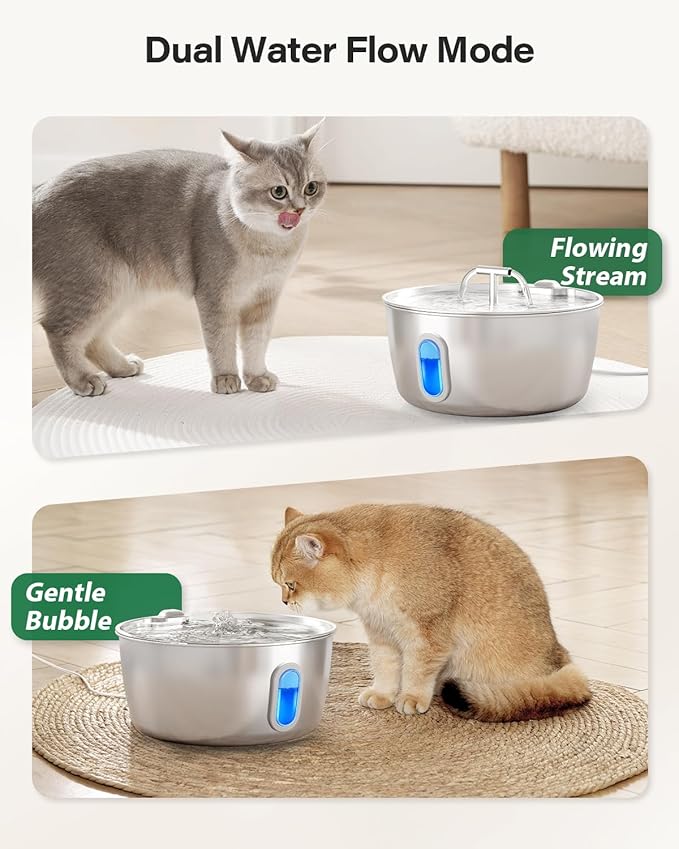 Stainless Steel Cat Water Fountain - 3.2L/108oz Cat Fountain for Drinking | Quiet Pet Water Fountain for Cats Indoor - Automatic Pet Water Bowl Dispenser - for Kitty & Small Dog (4 Filters)