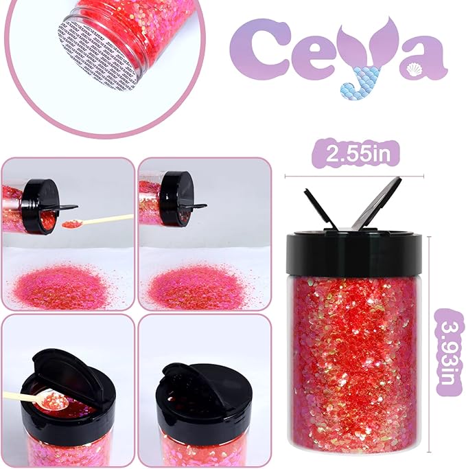 Ceya Chunky Glitter, 4.9oz/ 140g Living Coral Craft Glitter Powder Mixed Fine Flakes Iridescent Nail Sequins for Nail Art, Hair, Epoxy Resin, Tumblers, Slime, Painting, Festival Decor