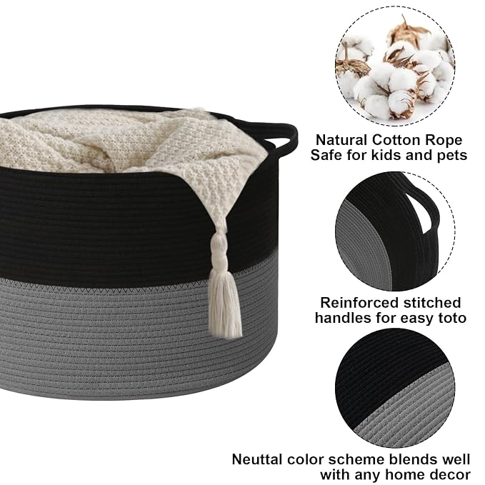115L Large Blanket Basket,Woven Rope Laundry Basket-Black&Dark Grey | Collapsible, reinforced handles, nursery storage bin organizes clothes, toys and pillows for living room, bedroom bathroom