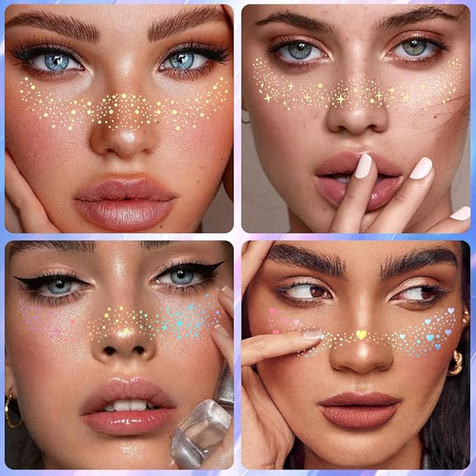 12pcs Glitter Freckles,Face Glitter Freckles Face Tattoo Sparkle for Teenagers Young Women, Gold Holographic Face Body Makeup Patches for Christmas Halloween Rave Fairy Accessories Outfits