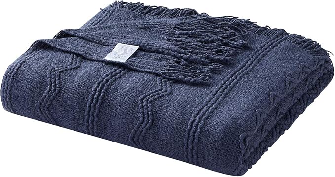 BOURINA Navy Throw Blanket 50x90 Inch Boho Knitted Soft Throw Sofa Blanket | Knitted Throw Blanket 50x90 Inches, Soft Lightweight Boho Weave Throw Decorative Couch Blanket for Living Room Bed Runner