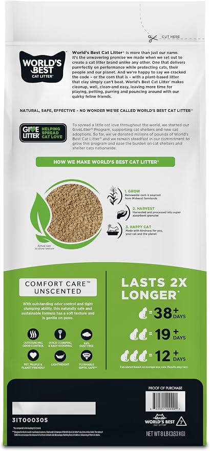 World's Best Cat Litter, Comfort Care, Unscented, Odor Control, 8 lb Bag | Gentle odor control for sensitive cats and lasts 2x longer; natural corn litter, quick clumping, flushable, 99% dust free