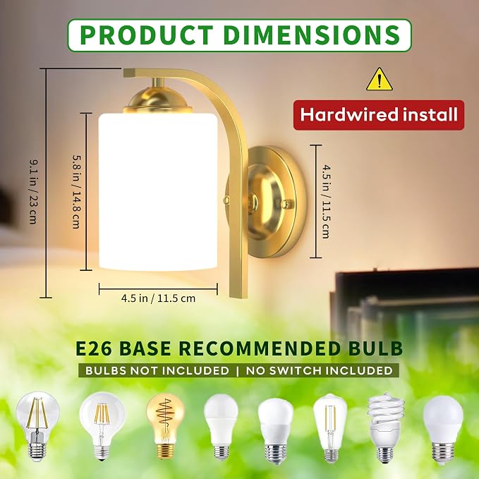 Wall Sconces Lights Lamp for Bedroom Bathroom, Modern Vanity Light Fixtures, Gold Farmhouse Wall Mount Lighting Lanterns with Glass Shade for Living Room Mirror Hallway Kitchen
