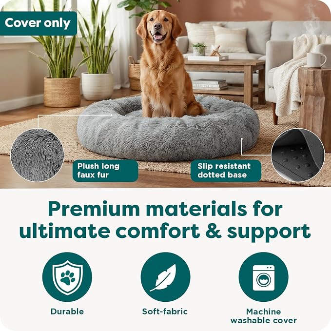 FurHaven Replacement Dog Bed Cover, Long Faux Fur for Calming Cuddlers, Machine Washable, Customizable Filling, Jumbo XL, Gray