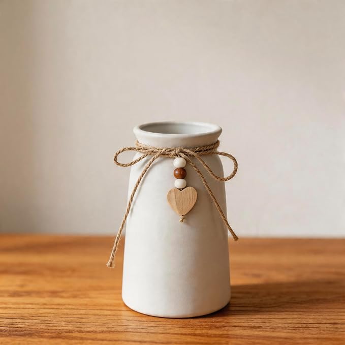 Rustic 6-Inch Ceramic Vase with Jute Rope & Heart Charm for Home Décor, White Flower Vase for Table Centerpieces and Gifts, Ideal for Living Room, Bedroom, and Office