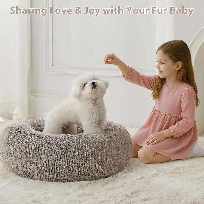 WNPETHOME Large Round Calming Dog Bed Cat Bed for Comfy Sleep | Large Cute Washable Puppy & Cat Bed with Fuzzy Plush, Fur Anti Anxiety Pet Bed Donut Cuddler (45x45x10In, Light Coffee)