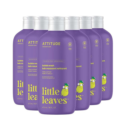 ATTITUDE Bubble Wash for Kids, EWG Verified Bubble Bath, Hair Shampoo and Body Soap, Dermatologically Tested, Plant- and Mineral-Based, Vegan, Vanilla & Pear, 16 Fl Oz (Pack of 6)