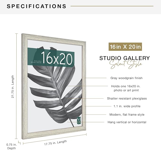 MCS Studio Gallery 16x20 Poster Frame Gray Woodgrain Engineered Wood, Vertical & Horizontal Wall Hanging Large Picture Frame for Photos, Posters & Art Prints (1-Pack)