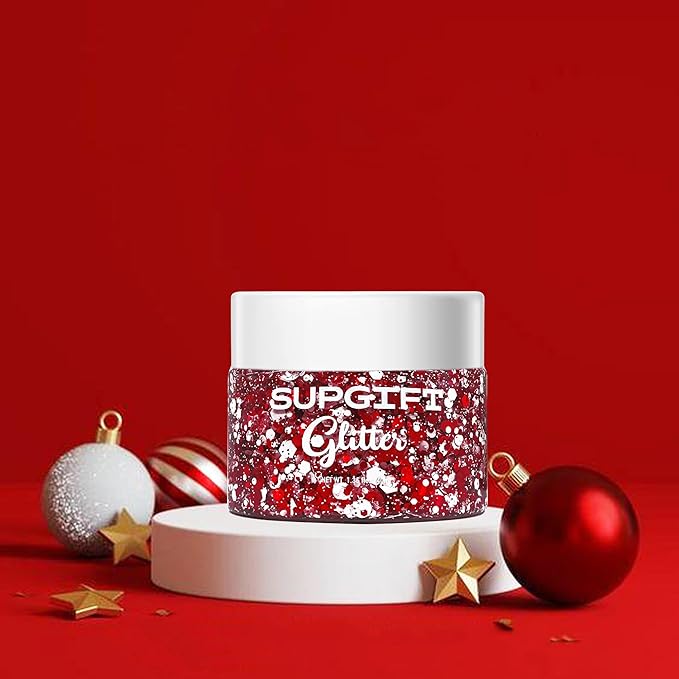 Christmas Body Glitter Gel SUPGIFT 4 Colors 8.5oz Holographic Chunky Mermaid Iridescent Laser Liquid Star Flower Leaf Sequins for Makeup Face Eyeshadow Hair with Spoon