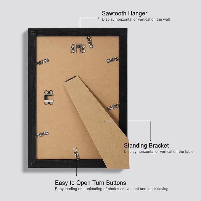 Hongkee 8x12 Picture Frame Set of 4, Made of Glass and Rustic Black Wooden Frame - Display 6x8 Picture with Mat or 8 x 12Poster Without Mat, 8 by 12 Photo for Wall or Tabletop