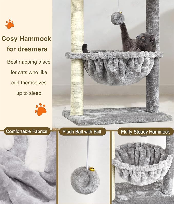 SYANDLVY Small Cat Tree for Indoor Cats, Activity Cat Tower with Scratching Post for Kittens, Cat Bed & Furniture with Basket & Hanging Ball for Play Rest | Scratching Post, Cat Bed & Furniture with Basket & Hanging Ball for Play Rest, Grey