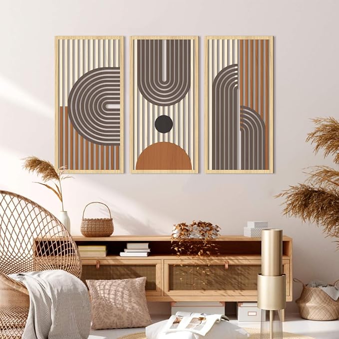 IARTTOP Mid Century Modern Decor 16x32 Inch Large Boho Wood Wall Art Abstract Wooden Wall Decor Minimalist Bohemian Orange Artwork for Living Room Bedroom Office Set of 3