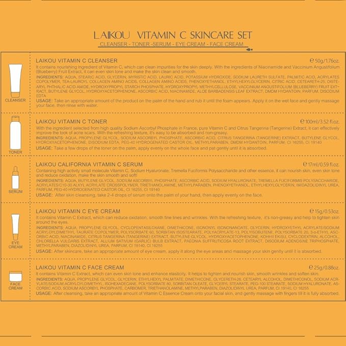 LAIKOU Vitamin C Skin Care, Skin Care Set with Cleanser, Toner, Serum, Eye Cream, Face Cream for Women Teen Girls Mom Daughter Mother's Day Christmas Birthday Beginner Kit TSA-friendly 5pcs