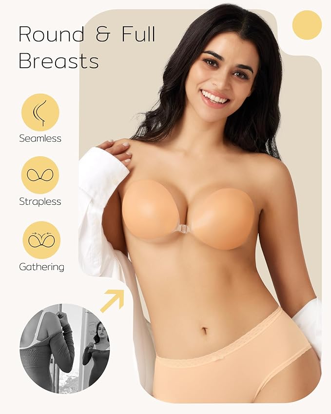 Niidor Adhesive Bra Strapless Sticky Invisible Push up Silicone Bra for Backless Dress with Reusable Nipple Covers