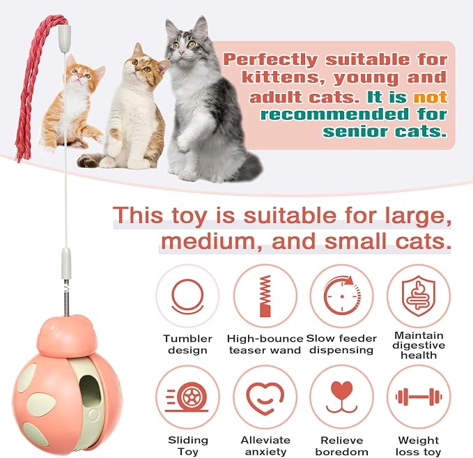 Cat Treat Dispenser Tumbler Food Toy Cats Slow Feed Ball Wand Teaser (Pink)