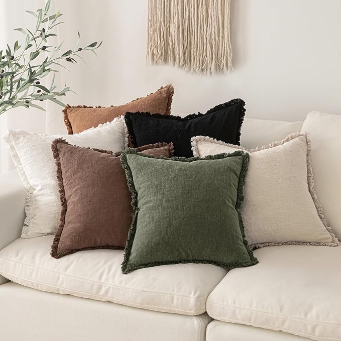 MIULEE Linen Fringe Decorative Fall Euro Pillow Covers Dark Coffee 24x24 | Set of 2, Cottagecore Decor, Boho Farmhouse Neutral Throw Pillow Covers, Rustic Fall Couch Cushions for Sofa Bed Living Room