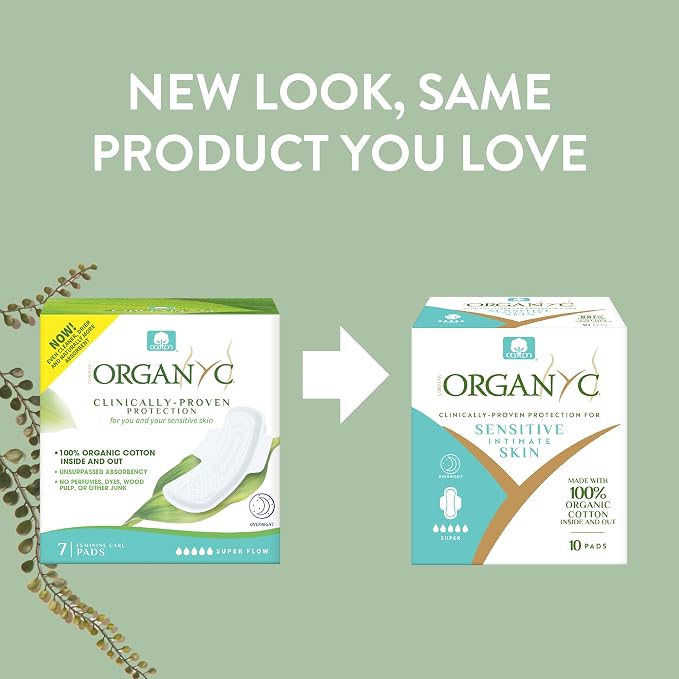 Organyc New Version 100% Certified Organic Cotton Inside and Out Overnight Feminine Pads, Heaviest Flow, Super Absorbency 2.0, 7 Count (6 Pack)