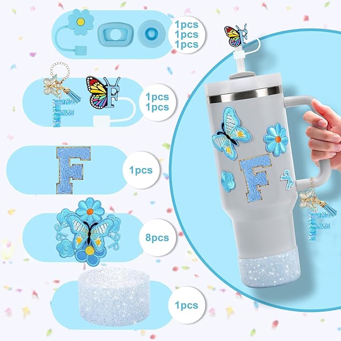 15PCS Cup Accessories Set for Stanley Cup 30oz 40oz Tumbler with Handle, Including Silicone Straw Cover and Boot, Spill Proof Stopper, Stanley Charms, Handle Charm, Initials Sticker