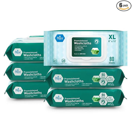 MED PRIDE Extra Soft XL Premoistened Disposable Adult Washcloths 8” X 12” Bath Wipes for Sensitive Skin with Aloe Vera, Case of 480 (80ct, Pack of 6)