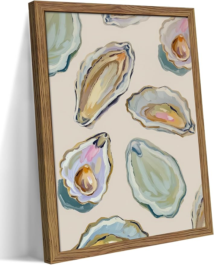 Framed Oyster Shell Canvas Wall Art, Colorful Abstract Wall Art Print, Coastal Beach House Wall Decor, Summer Dining Room Picture Poster, Modern Kitchen Oyster Oil Painting Artwork 8x10 inch
