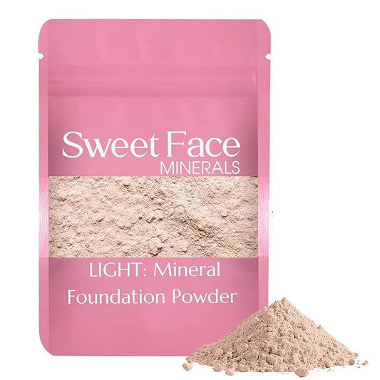 (12 Grams) (Light) Foundation Powder Refill By Sweet Face Minerals, Lightweight Mineral Loose Makeup Powder with SPF 20, Full Coverage Flawless Finish, Talc-free, Cruelty-Free, Refillable Pouch