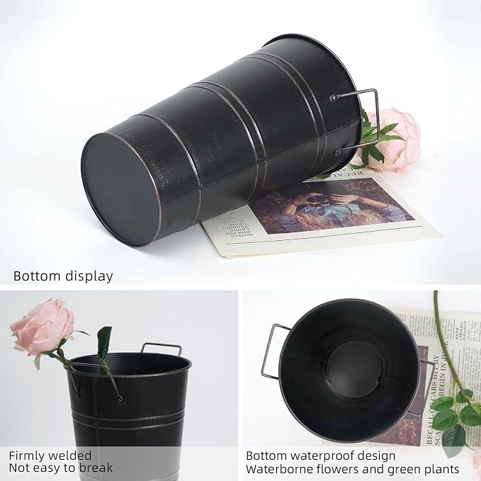 Notakia 10.62 Inch Galvanized Metal Vases Farmhouse French Flower Bucket Vases for Cut Flowers for Home Decor and Wedding Table Centerpiece Decorations (Medium Size Black 8Pcs)