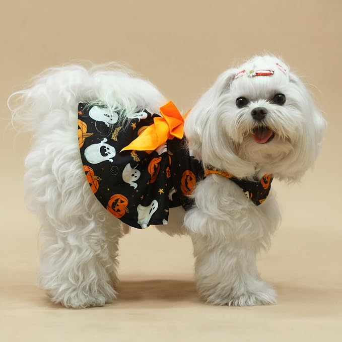 PUPTECK Print Dog Halloween Dress Pet Costumes Apparel with Cute Bowtie Puppy Clothes Outfit, Ghost, M