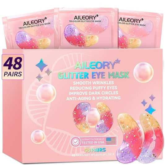 Under Eye Patches (48 Pairs) - New Tri-color Glitter Eye Gel Pads for Dark Circles Puffy Eyes,Under eye Bags,Wrinkles|Natural Collagen Under Eye Mask Patches, Gel Under Eye Patches