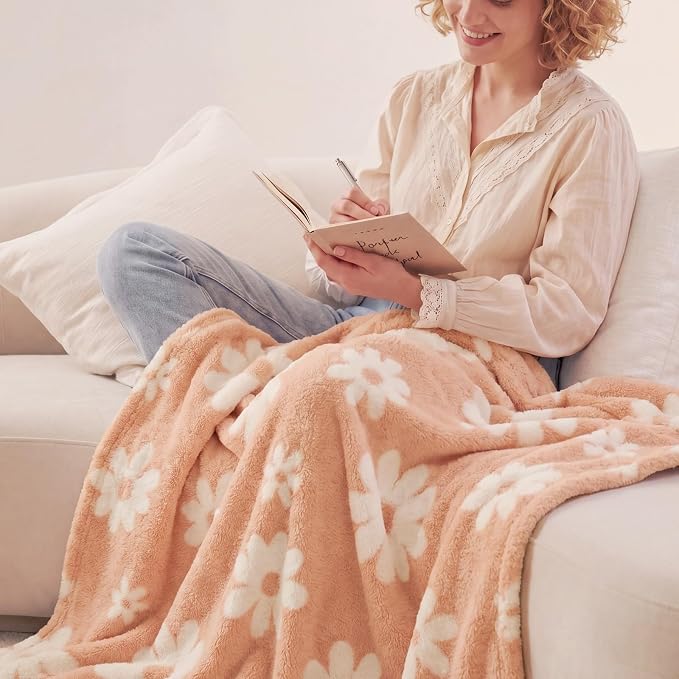 Soft Throw Blanket for Couch-Cozy Reversible Knitted Blankets | Lightweight Warm Fluffy Decor for Women, Mom, Her & Girls, Sofa, Chair, Bed, 50x60in,Daisy Floral Peach Orange