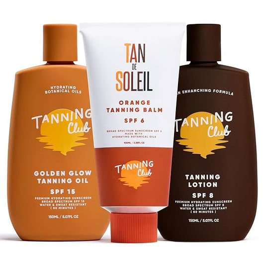 Tanning Club Sun-Kissed Essentials – SPF 6, 8 & 15 Hydrating Tanning Lotion and Oil Set with Botanical Oils, Carrot, Aloe & Shea Butter – 80-Minute Water & Sweat Resistant for a Natural Golden Glow