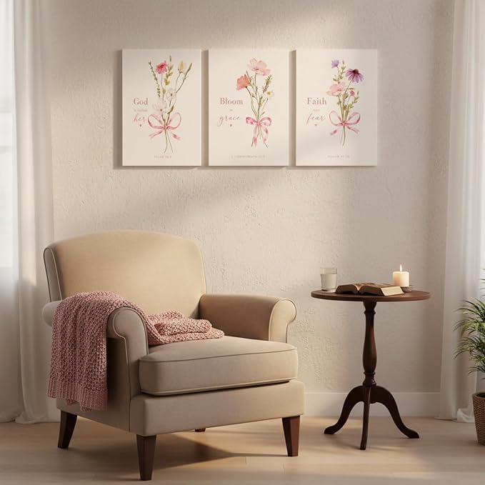 Baby Girl Nursery Wall Art Set of 3 Pink Bow Floral Canvas Prints, Christian Bible Verse Nursery Decor, Cute Flower Posters Pictures with Scripture for Girls Room Bedroom Framed 12x16 Inch
