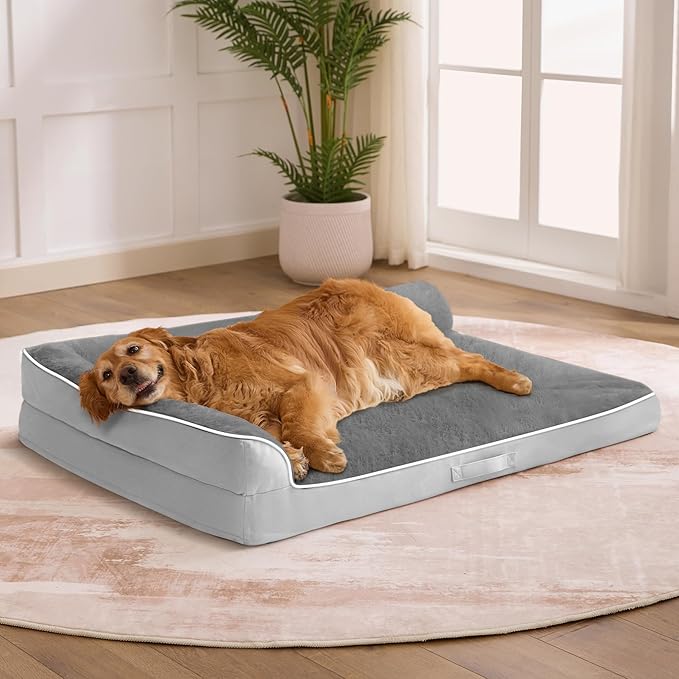 Orthopedic Dog Bed for Medium Size Dog, 36"x27", Grey Flannel | Waterproof, Washable Cover, L-Shaped Pet Couch, Egg-Crate Foam for Pressure Relief, Portable Handle