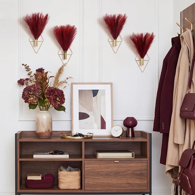 Hanaive 4 Sets Boho Wall Decor Metal Wall Art Hanging Planters with Artificial Pampas Display Modern Home Vase for Bedroom Home Office (Brilliant,Burgundy)