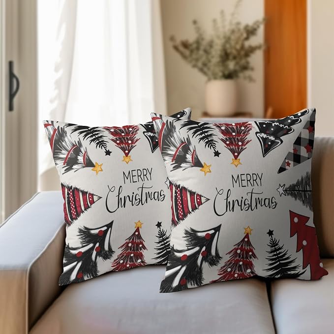 Kawani Merry Christmas Throw Pillow Covers 16 x 16 Inches, Set of 2 Red Black Plaids Xmas Trees Vintage Farmhouse Cotton Linen Square Pillowcases for Sofa Couch Bed Cushion Decoration