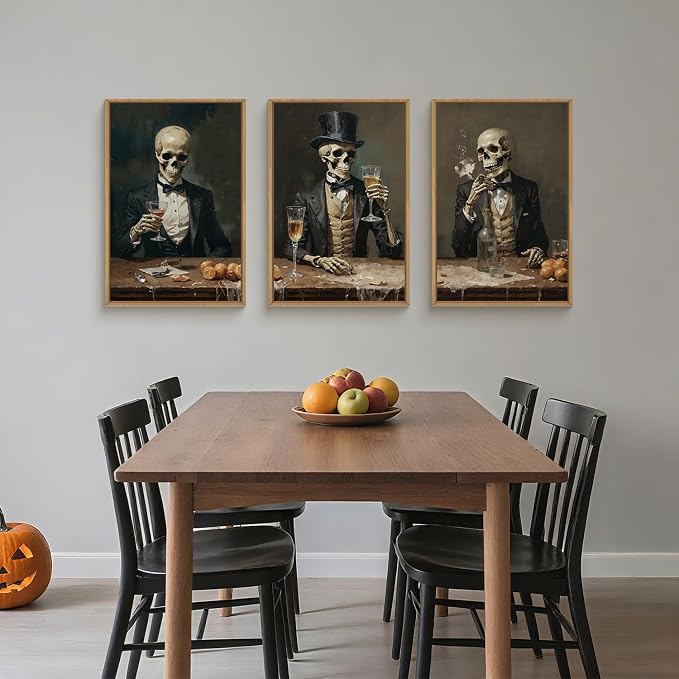 FWIEXA Halloween Skeleton Canvas Wall Art Set of 3, Gothic Skull Framed Painting Artwork, Dark Reaper Prints, Creepy Spooky Decor 16x24In for Party, Bar, Gift, Living Room, Bedroom
