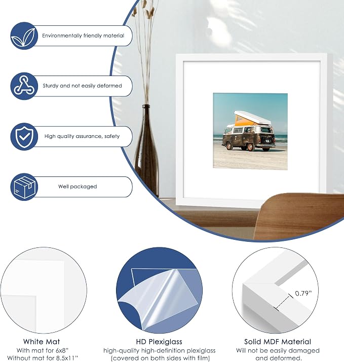 12x12 Picture Frame Set of 6, Wall Mount Display, White | Display Pictures 8x8 with Mat or 12x12 Without Mat, Horizontal or Vertical, Gallery Wall Frame Set, Wedding Birthday Gifts