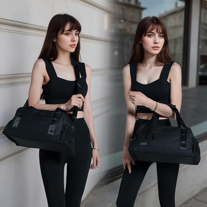 Bucosd Small Gym Bag for Women, Mini Crossbody Gym Duffle Bag with Wet Compartment, Carry on Gym Tote Bag for Workout Dance Sport Travel (Medium-Black)