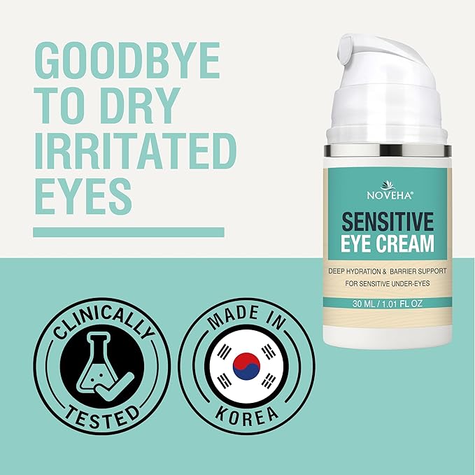 NOVEHA Daily Sensitive Eye Cream for Dry Eyelids & Around Eye; Vegan Ceramide Hydrating Eyelid Moisturizer; Anti-Aging Eye Cream for Fine Lines, Puffiness & Crow’s Feet; Fragrance-Free - 1 oz
