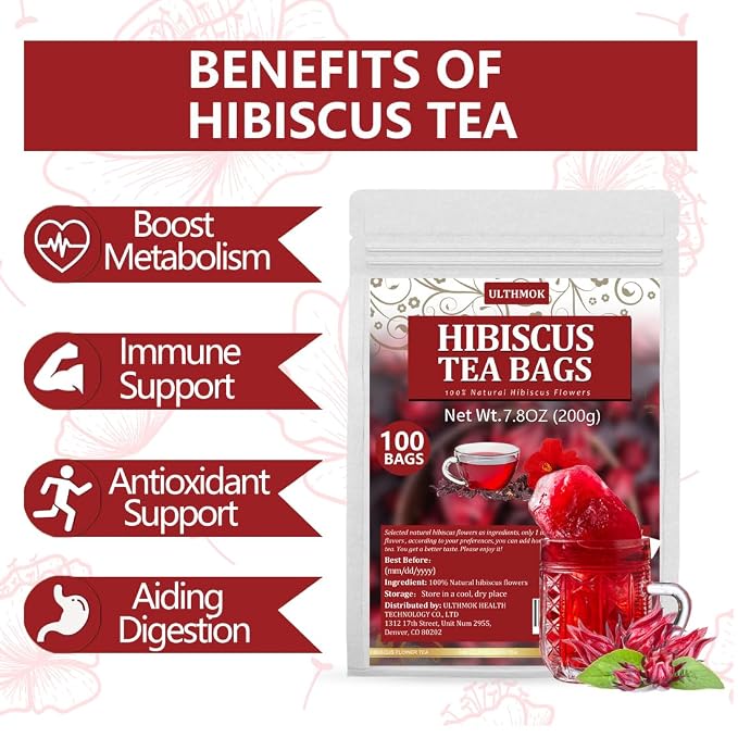 Premium Hibiscus Tea Bags,100 Tea Bags/7.06 Oz,100% Pure Dried Hibiscus Flower,Natural & No Additives,Caffeine Free.