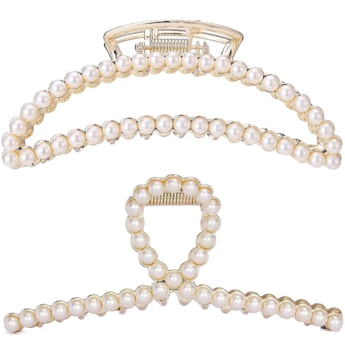 Pearl Hair Claw Clips, Textention Large Size Imitation Pearl Moon Shape Claw Jaw Clips for Women Thick Thin Hair Elegant Clasps Clamps Accessories Headwear Styling Tools for Party Wedding (2 Pack)