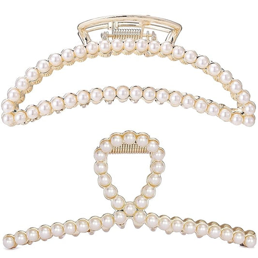 Pearl Hair Claw Clips, Textention Large Size Imitation Pearl Moon Shape Claw Jaw Clips for Women Thick Thin Hair Elegant Clasps Clamps Accessories Headwear Styling Tools for Party Wedding (2 Pack)