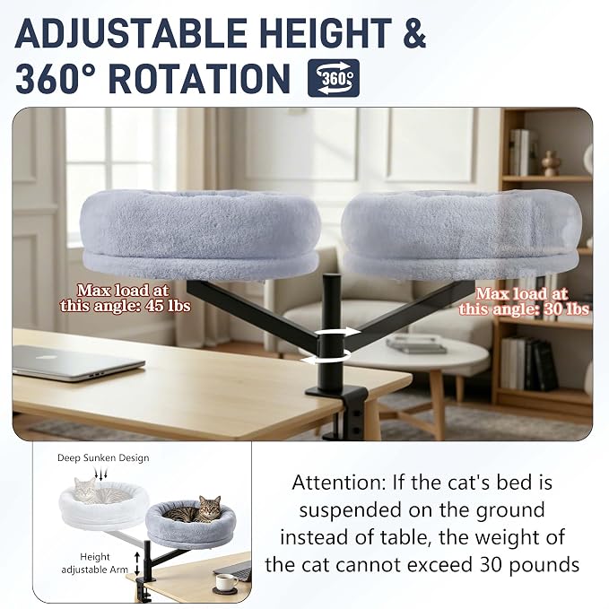 ANWA Cat Desk Bed for Indoor Cats, Heavy Duty Desk Hammock Cat Bed, Gray | 360° Rotating & Adjustable Height, Round 16.5" Cat Bed for Desk, Soft Faux Fur, Metal Frame (Max 45lbs), Cat Furniture