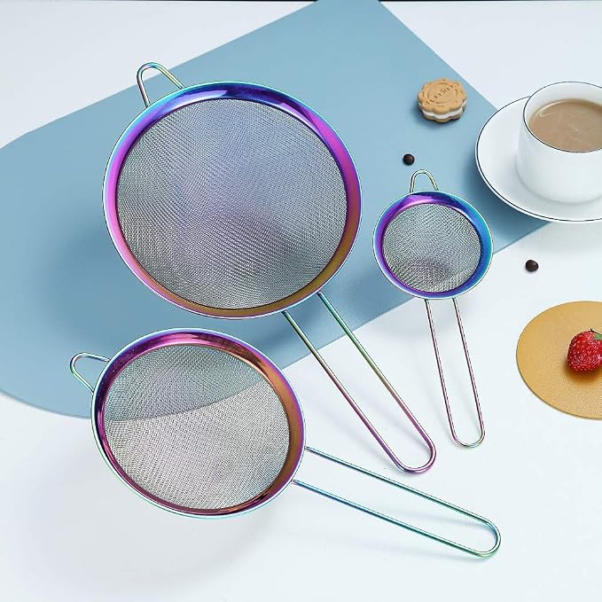 Rainbow Fine Mesh Strainer 3 Pieces Set, Colorful Flour Sifter For Baking, Stainless Steel Clander, Mutil-Color Matcha Tea Strainer, Gravy Separator, Stasher Sieve Pasta Strainers