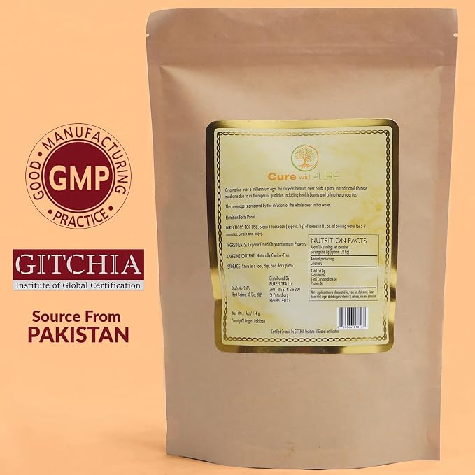Cure Wid Pure | Top Grade Dried Chrysanthemum Flowers 4oz | Hand-Picked & Sun-Dried Organic Chrysanthemum Tea Loose Leaf from Pakistan | Non-GMO Caffeine Free Herbal Tea Supports Immunity & Eye Health