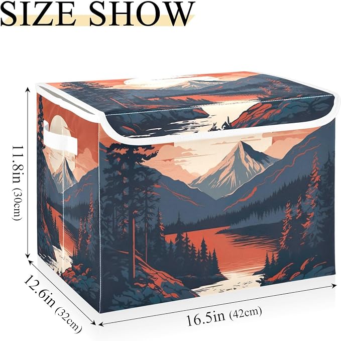 Mountains Trees Storage Bins with Lids and Carrying Handle,Foldable Storage Boxes Organizer Containers Baskets Cube with Cover for Home Bedroom Closet Office